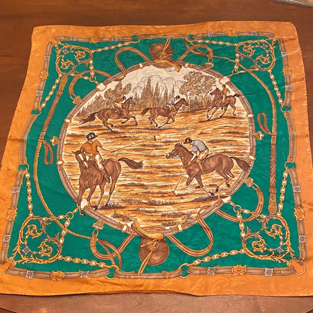Polo Match Equestrian 100% Silk Scarf Hand Rolled & Stitched Italy 33.5” Square